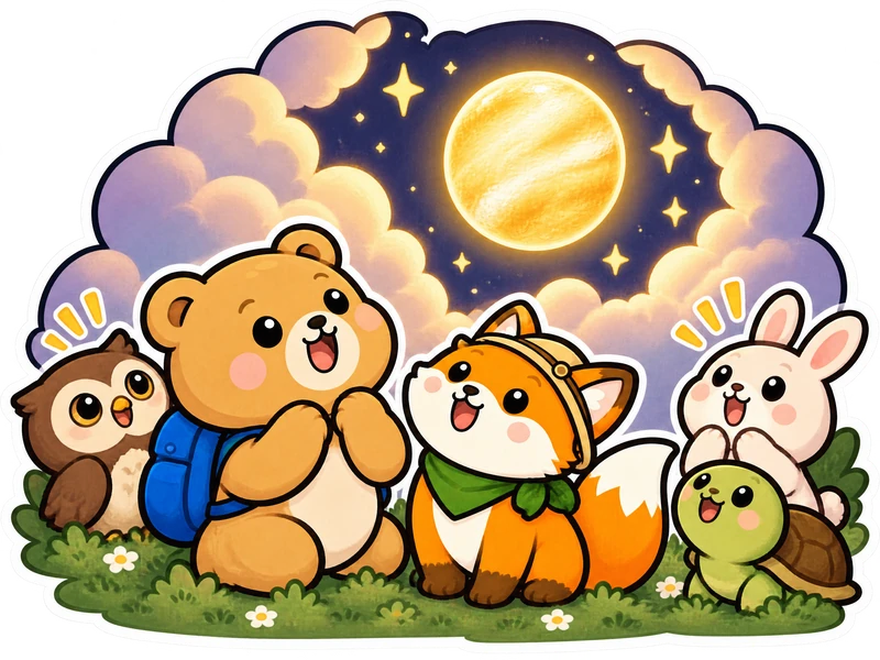 Clouds open in the evening sky, and everyone gazes at bright Venus while some visitors gasp.