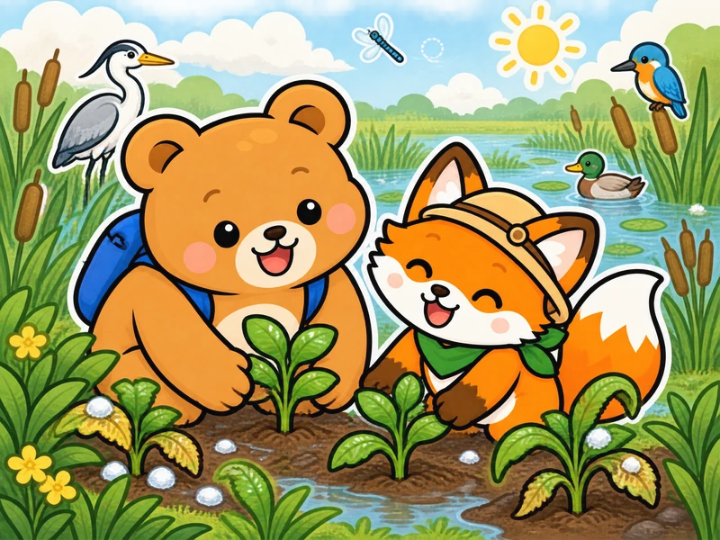 After the rain, birds and young plants appear in the wetland; some plants are harmed, but the habitat still looks healthy.