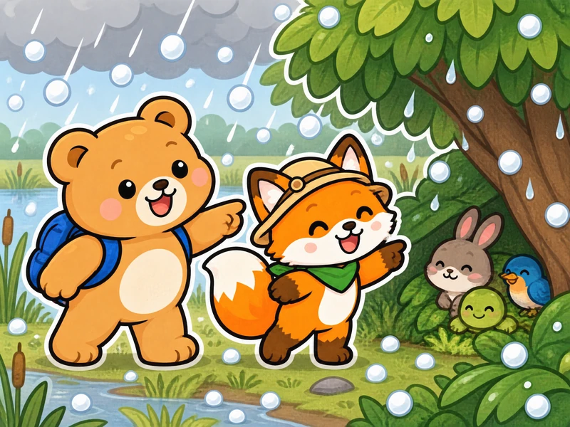 Hail starts to fall, small animals hide under trees, and Bearry and Lexi point toward a safe direction.