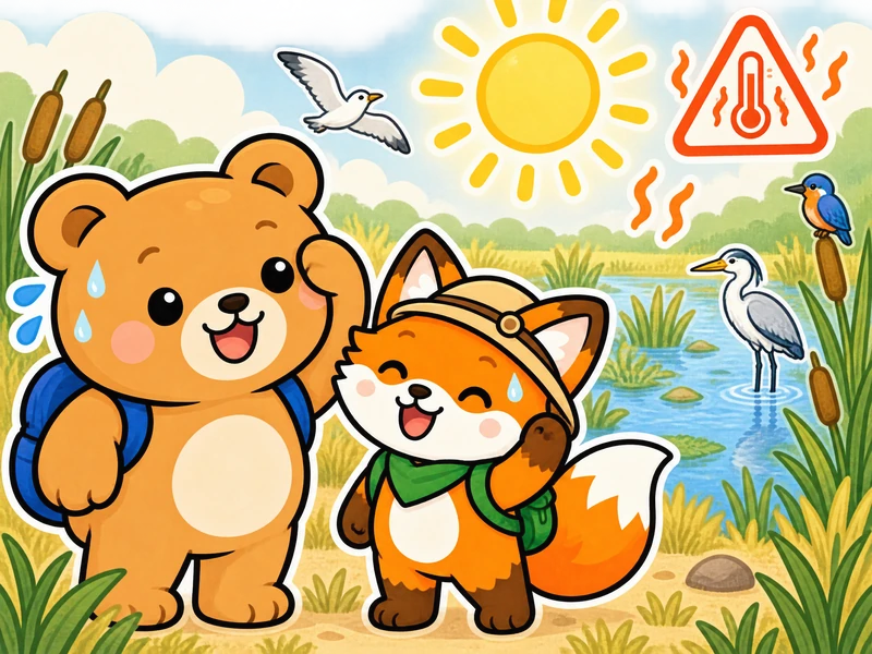 Bearry and Lexi arrive at a wetland and see a heat warning, dry grass, and a bright sun.