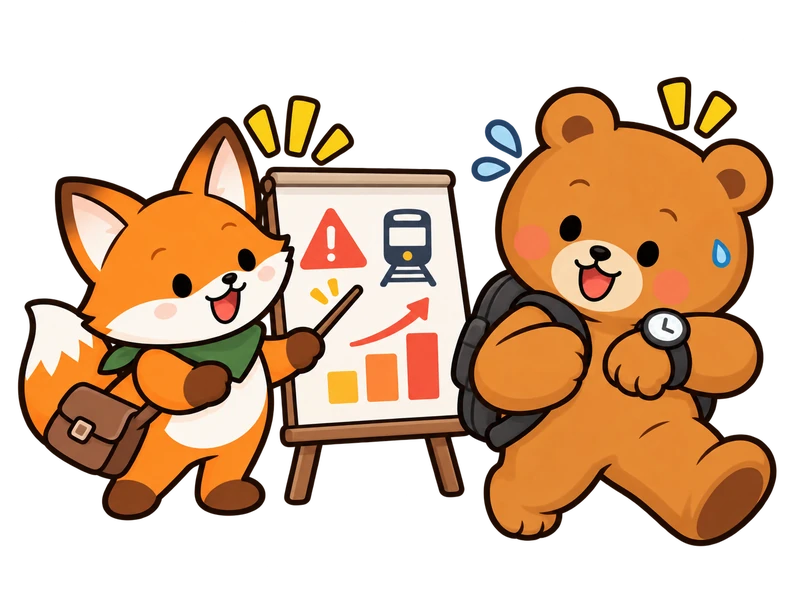 Lexi illustrates the risks with a simple chart while Bearry checks the time and gets ready to catch a train.
