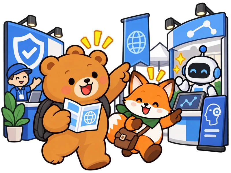 Bearry and Lexi arrive at a friendly city tech expo with simple safety and technology booths.