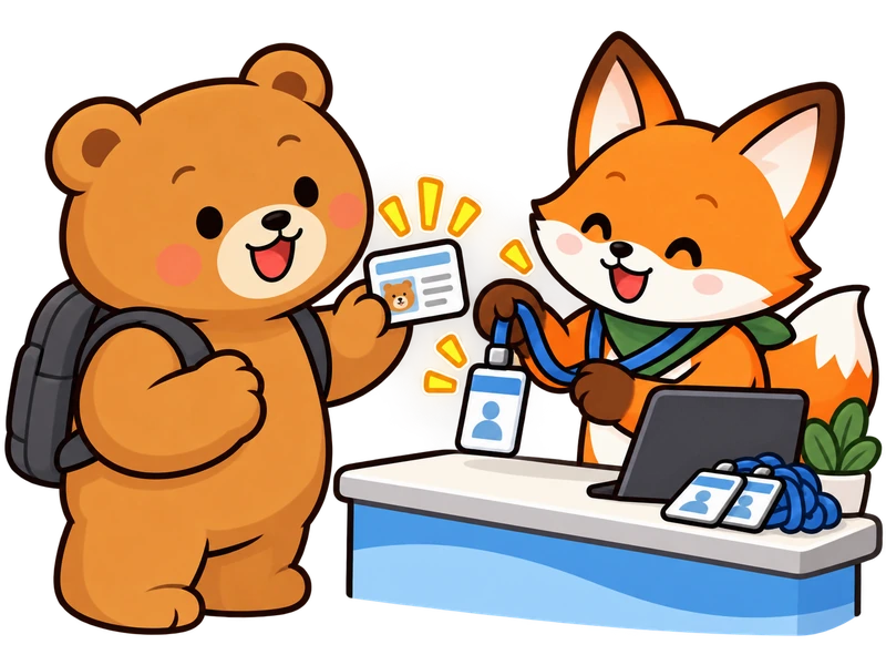 At the entrance, Bearry shows an ID while Lexi receives a visitor badge.
