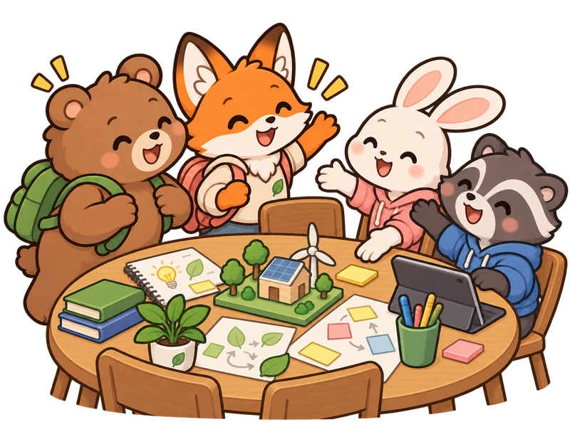 Bearry and Lexi join a friendly student innovation team around a shared project table.