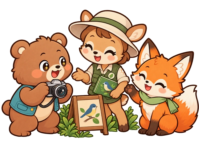 Bearry excitedly holds his camera as Lexi welcomes him to the bird-watching workshop, where a deer guide is waiting.