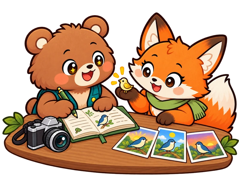 Bearry writes in his diary beside the sorted photos, and Lexi gives him a small bird pin as a keepsake.