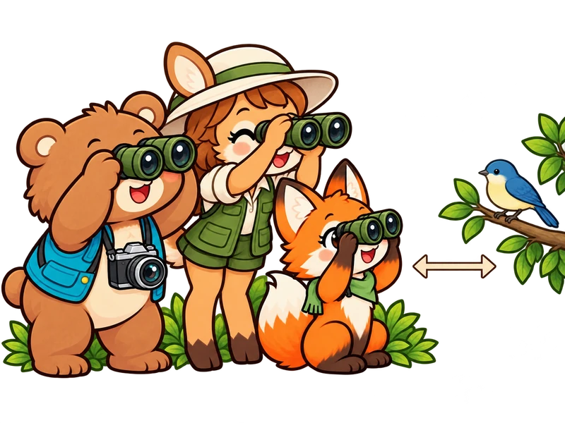 All three watch a distant bird through binoculars, keeping a wide, respectful distance.