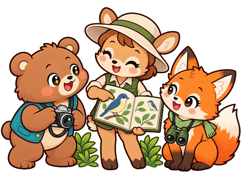 The deer guide uses an illustrated bird guide to share her knowledge with Bearry and Lexi; binoculars and camera are ready.