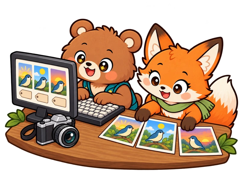 Back at the visitor center, Bearry types on a keyboard to label his photos while Lexi puts them in order.