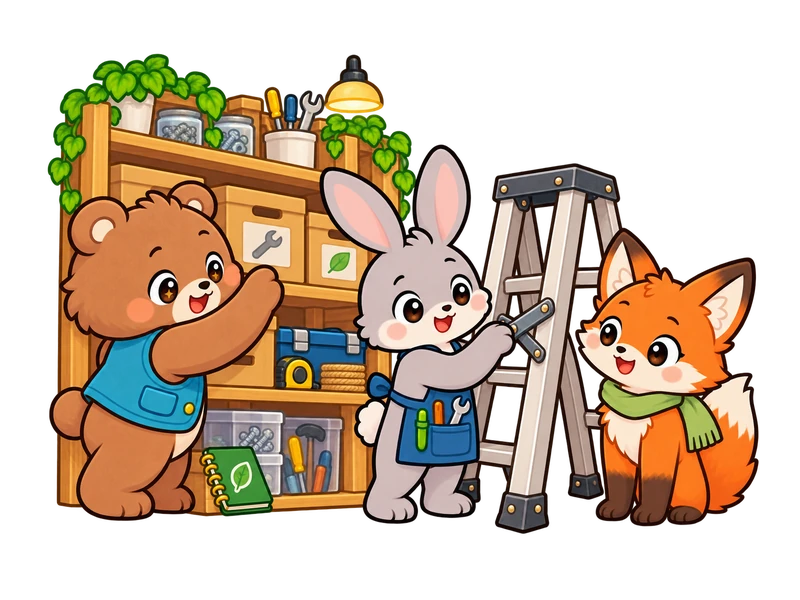 Bearry labels the boxes on the shelf as Kai checks the folding ladder.