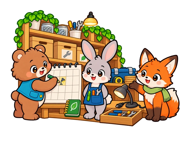 Bearry marks the opening day on a calendar while Lexi points to the planned repair corner.
