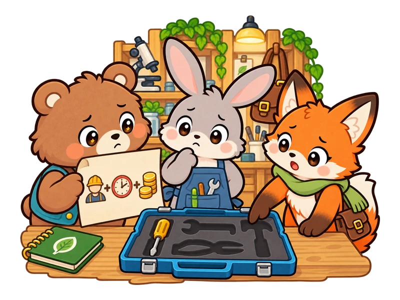 Bearry checks the labor costs while Lexi notices the empty tool slots.