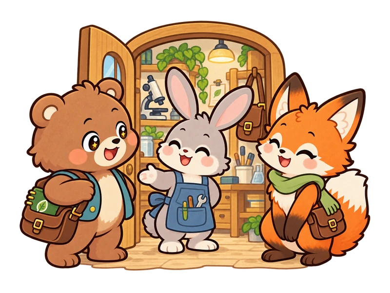 Kai, a gray rabbit in a blue apron, welcomes them at the lab door.